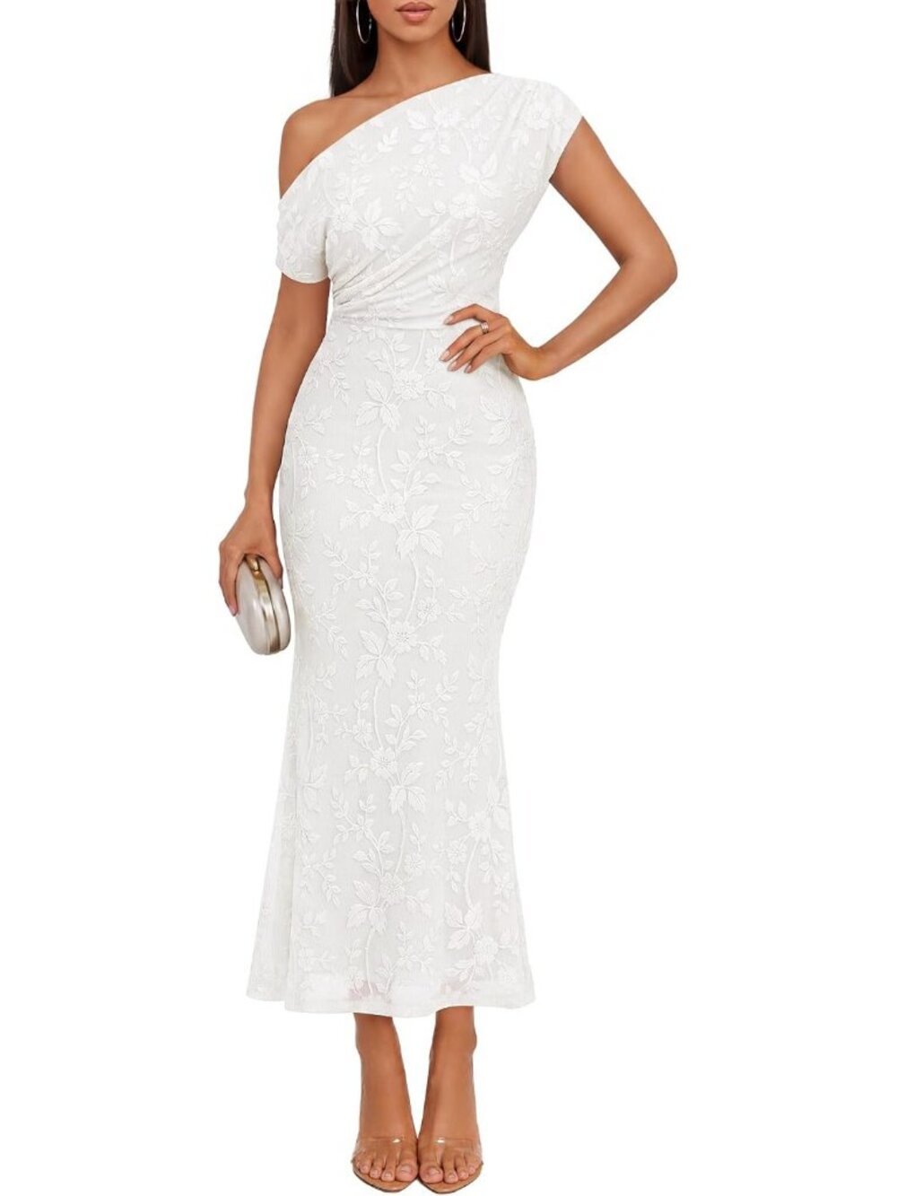 Women's White Off Shoulder Floral Formal Cocktail Bodycon Long Party Dresses
